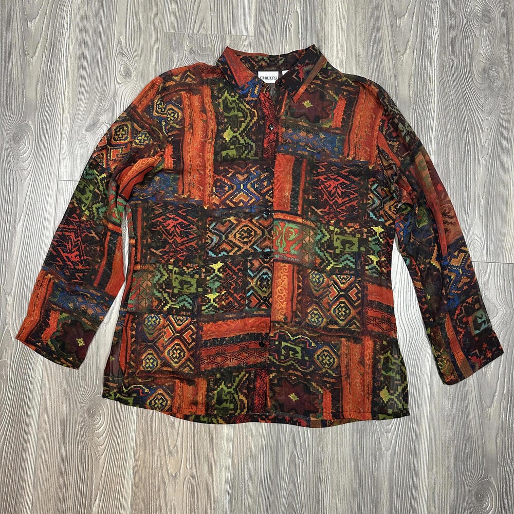 Chico's Multicolor Sheer‎ Aztec Print Silk Button Down